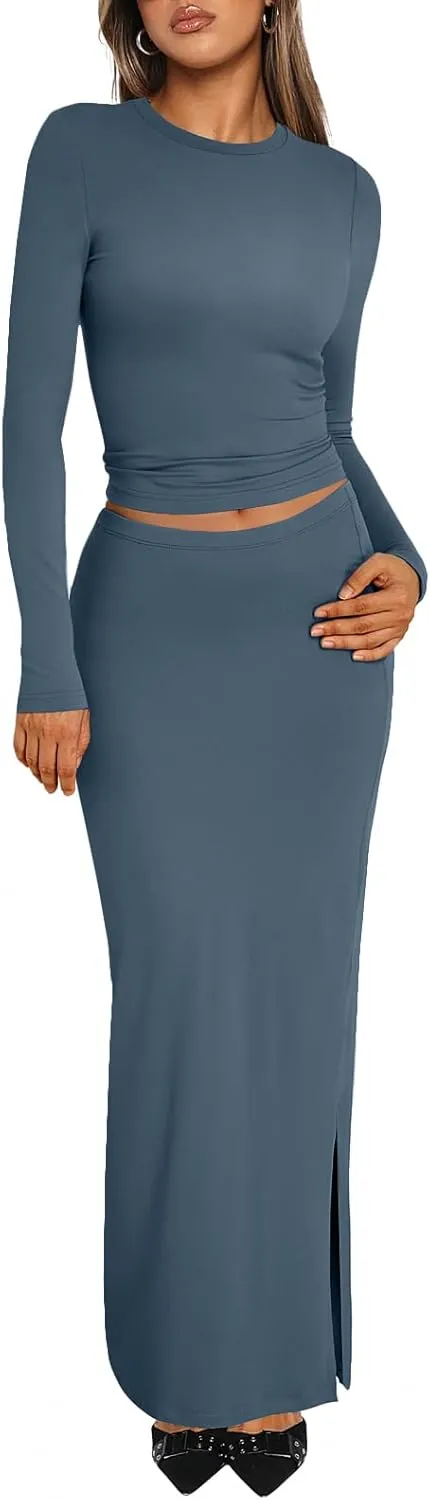 Trendy Queen 2 Piece Skirts Sets for Women Long Sleeve Crew Neck Crop Tops Bodycon Maxi Matching Clothes