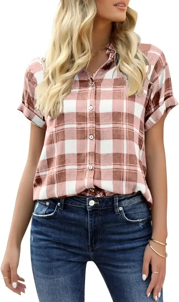 Veatzaer Women's Plaid Short Sleeve Button Down Shirt Casual Summer Blouses Tops