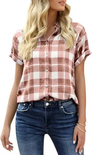 Veatzaer Women's Plaid Short Sleeve Button Down Shirt Casual Summer Blouses Tops
