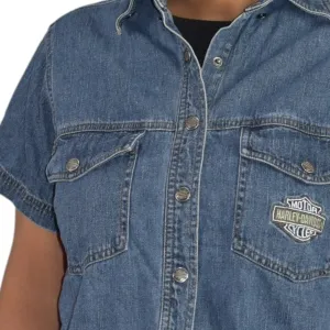 Vintage Harley Davidson Denim Shirt Blue Logo Patch Motorcycles Short Sleeves Size Medium