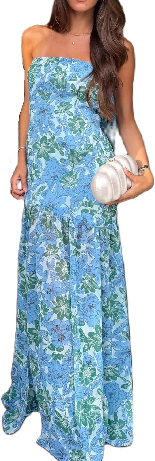 Women Bodycon Maxi Tube Dress Printed Strapless Sleeveless Long Going Out Summer Party Wedding Midi Dress
