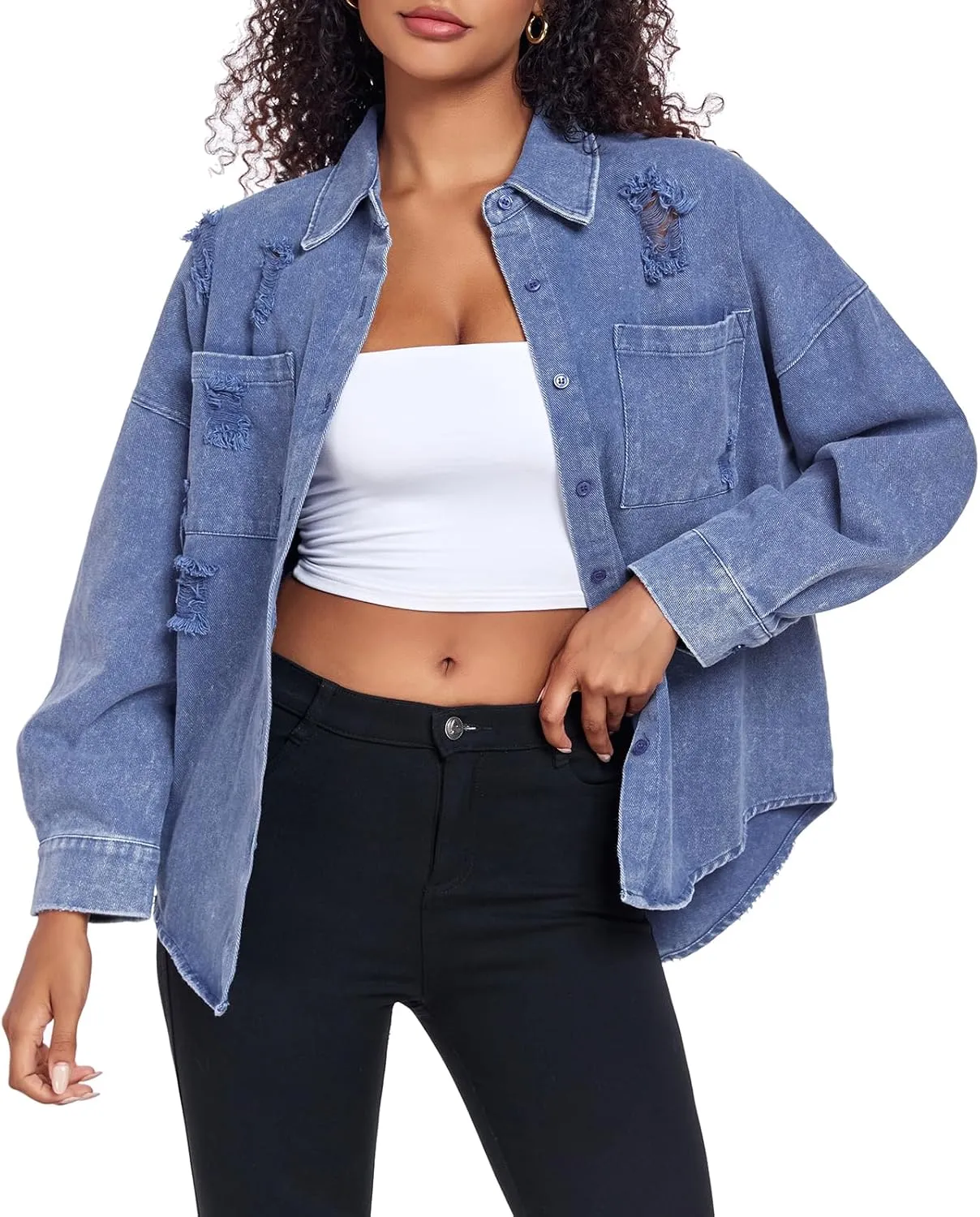 Womens Denim Jacket Oversized Button Down Jean Jacket Boyfriend Ripped Washed Jean Jackets Coat with Pockets