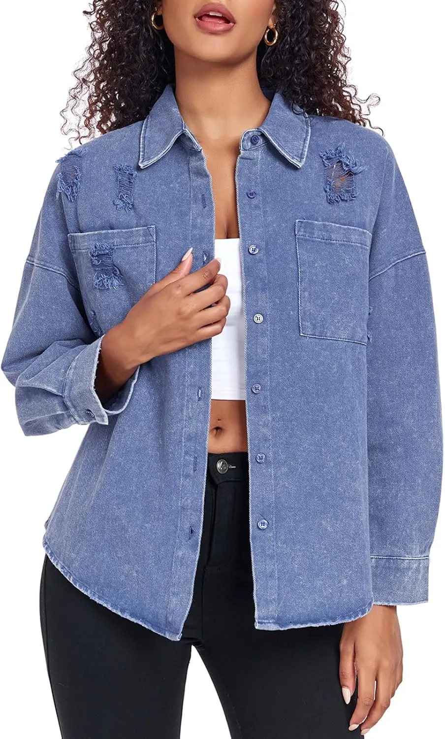 Womens Denim Jacket Oversized Button Down Jean Jacket Boyfriend Ripped Washed Jean Jackets Coat with Pockets