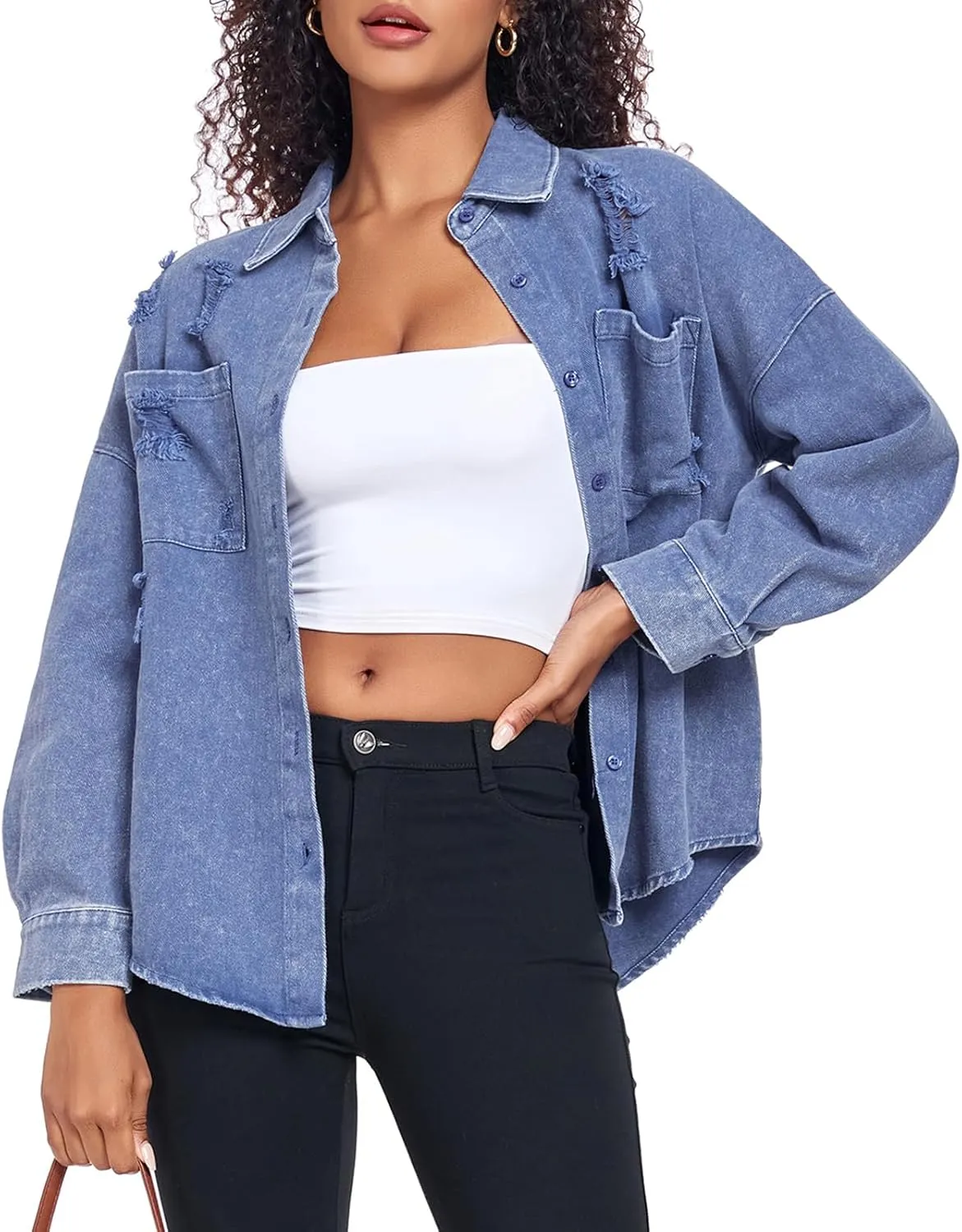 Womens Denim Jacket Oversized Button Down Jean Jacket Boyfriend Ripped Washed Jean Jackets Coat with Pockets
