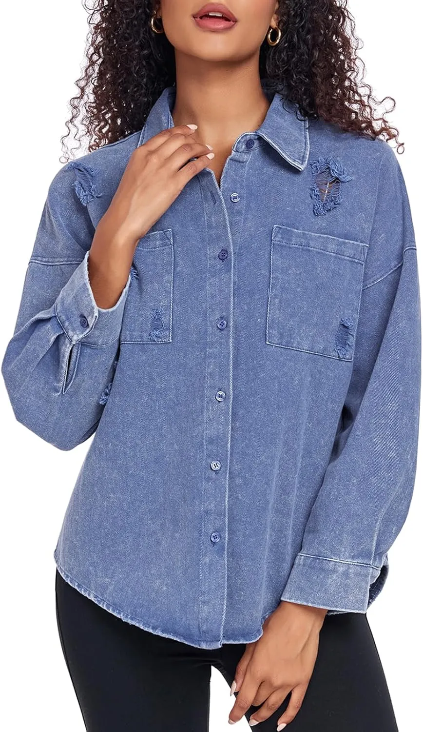 Womens Denim Jacket Oversized Button Down Jean Jacket Boyfriend Ripped Washed Jean Jackets Coat with Pockets