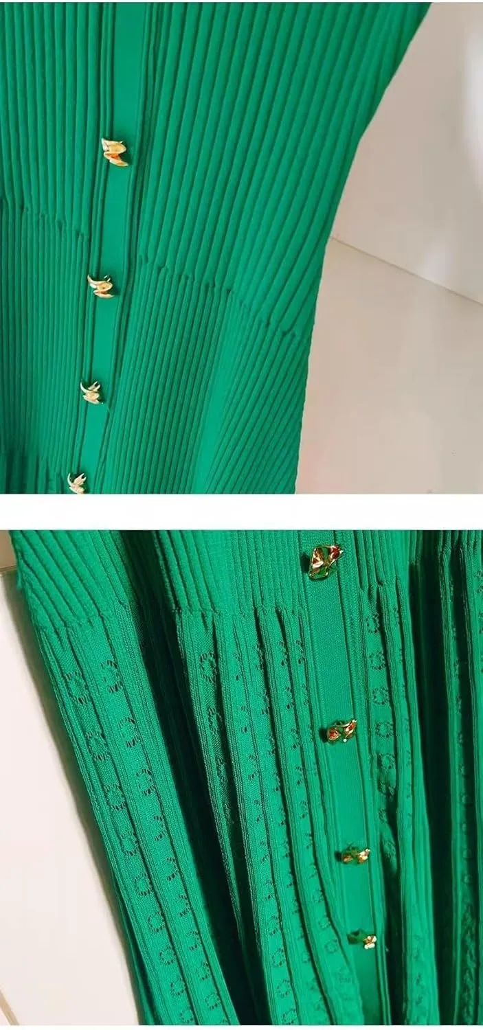 Women's Summer Maxi Dress Elegant Knitted Short Sleeve Pleated Hem Single Breasted Hollow Out Polo Neck Dresses