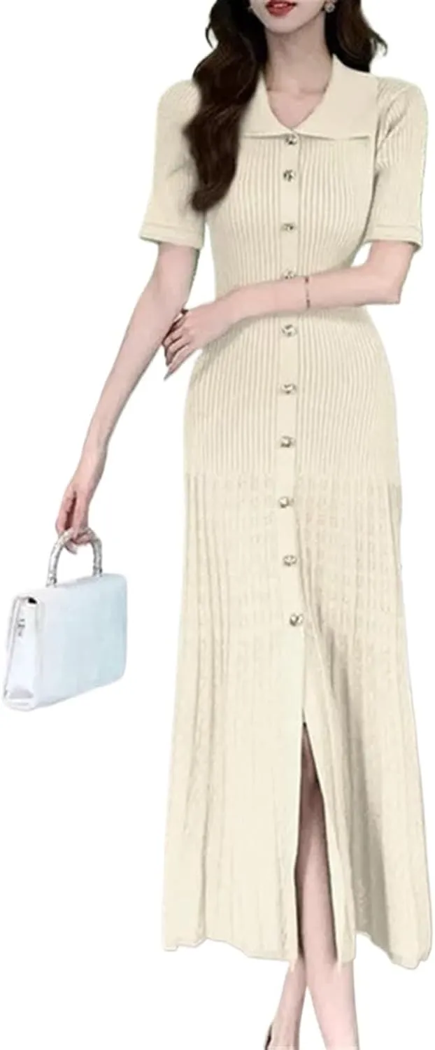 Women's Summer Maxi Dress Elegant Knitted Short Sleeve Pleated Hem Single Breasted Hollow Out Polo Neck Dresses