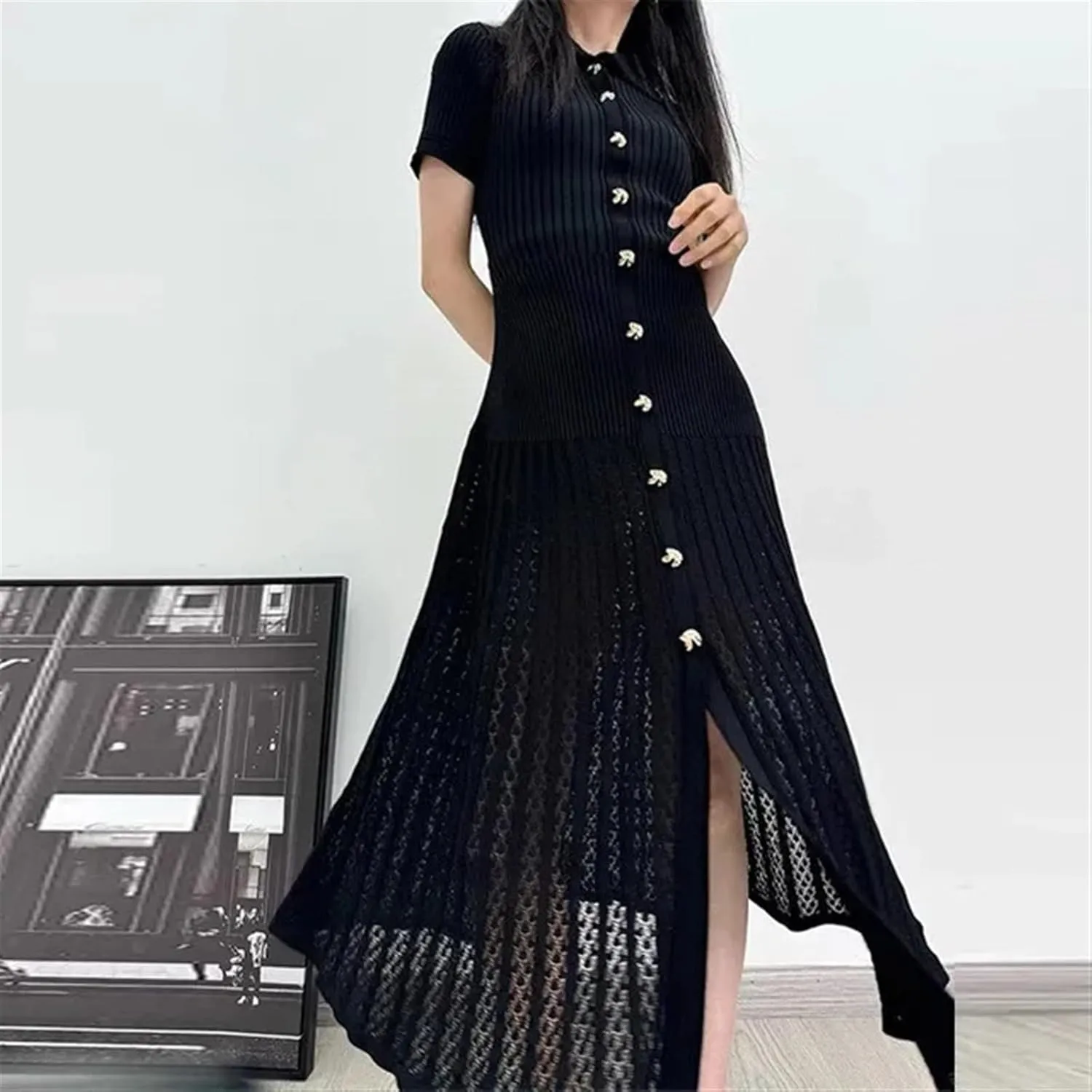 Women's Summer Maxi Dress Elegant Knitted Short Sleeve Pleated Hem Single Breasted Hollow Out Polo Neck Dresses