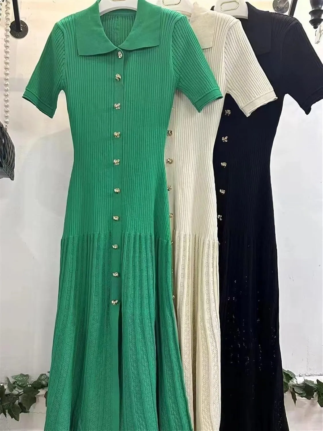 Women's Summer Maxi Dress Elegant Knitted Short Sleeve Pleated Hem Single Breasted Hollow Out Polo Neck Dresses