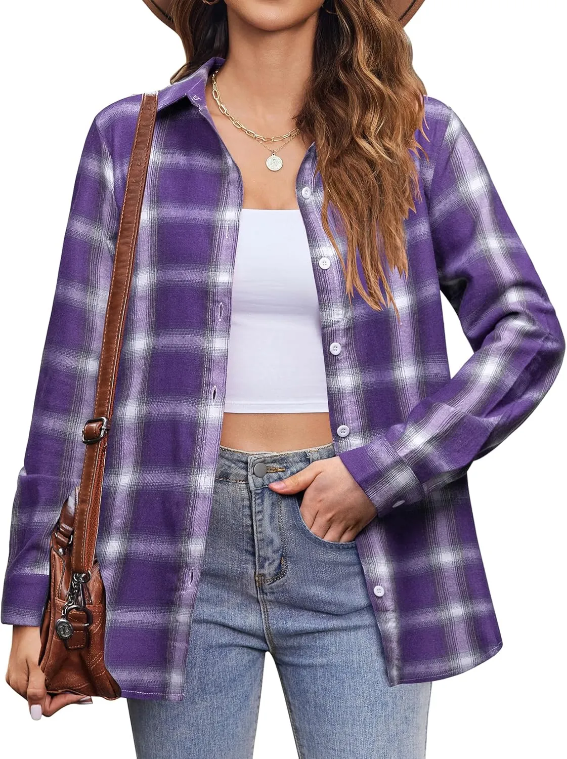 Zeagoo Flannel Shirt Women Button Down Long Sleeve Plaid Shirts Collared 2024 Casual Work Tops S-2Xl