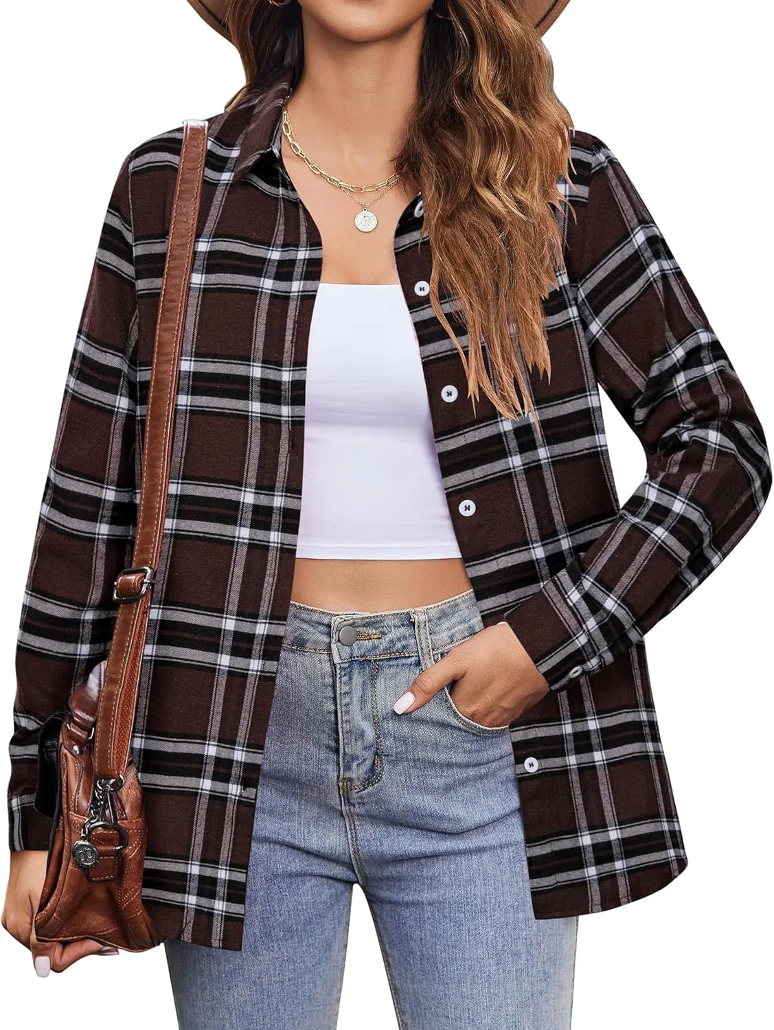 Zeagoo Flannel Shirt Women Button Down Long Sleeve Plaid Shirts Collared 2024 Casual Work Tops S-2Xl
